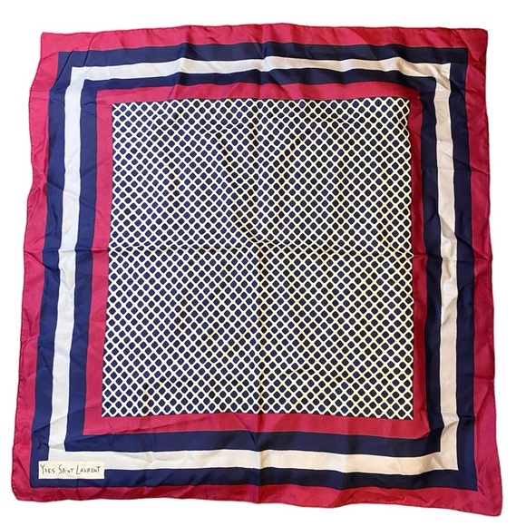 Vintage Yves Saint Laurent Silk Scarf Square Pink Blue Diamond Pattern Logo - Picture 2 of 16